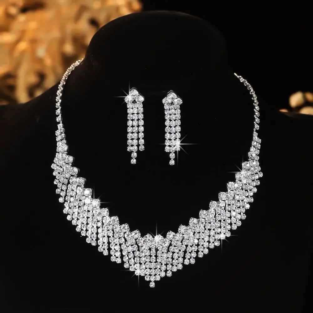 Wedding Party Crystal Rhinestone Jewelry Set Shining Diamond Earrings Tassels Exquisite Necklace Women