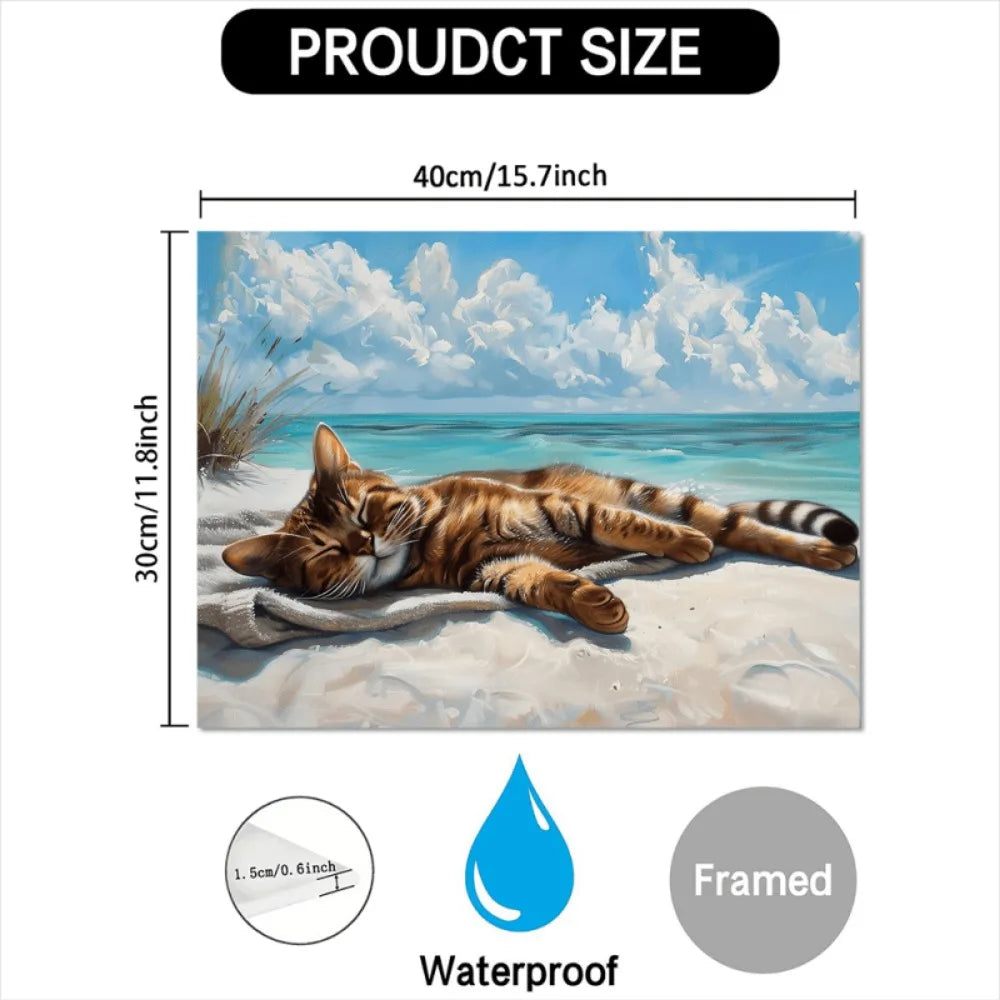 A coastal cat canvas wall art, print of a cat napping on the beach, wood-framed Marine theme decor, 11.8x15.7 inches