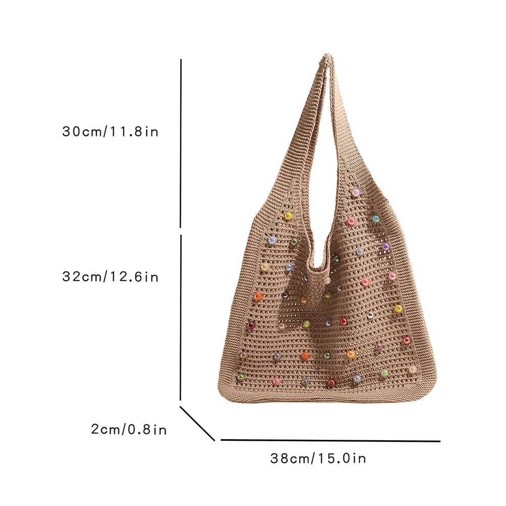 Women Crochet Shoulder Bag Knitted Tote Bag Large Capacity Fashion Tote Handbags with Colorful Pearls Outdoor Travel Bag