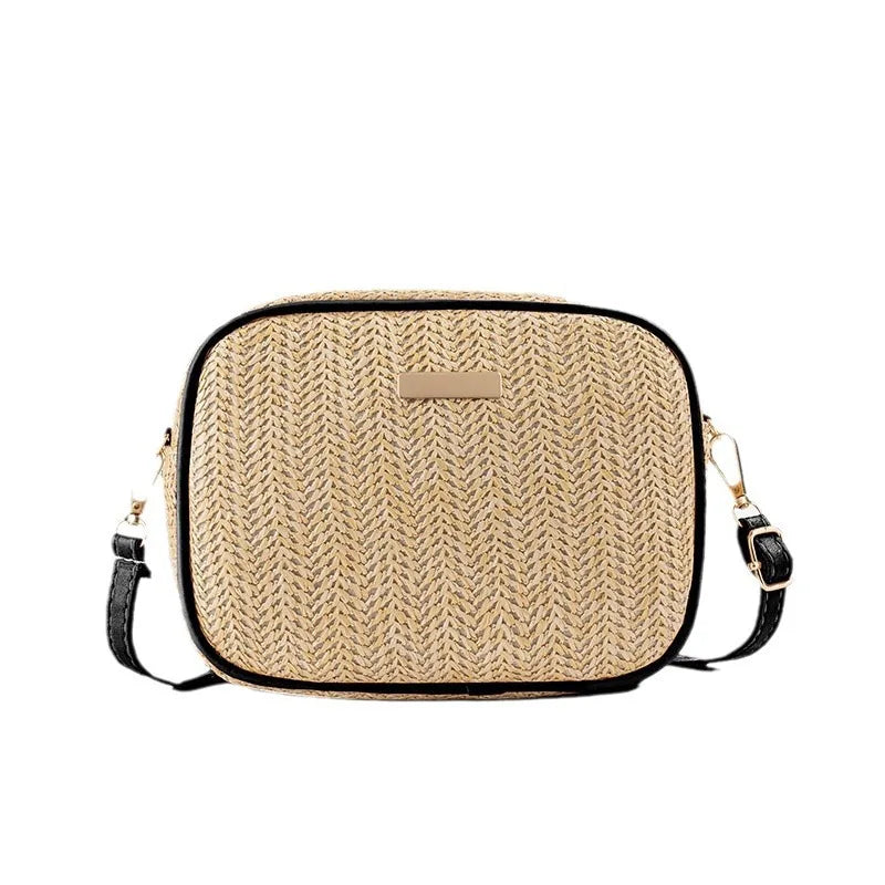 Knitted camera bag with bright film decoration, fashionable and simple grass woven bag, women's crossbody shoulder bag