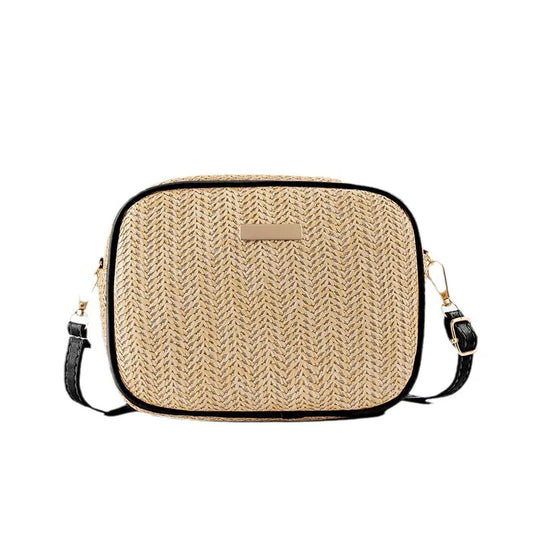 Knitted camera bag with bright film decoration, fashionable and simple grass woven bag, women's crossbody shoulder bag