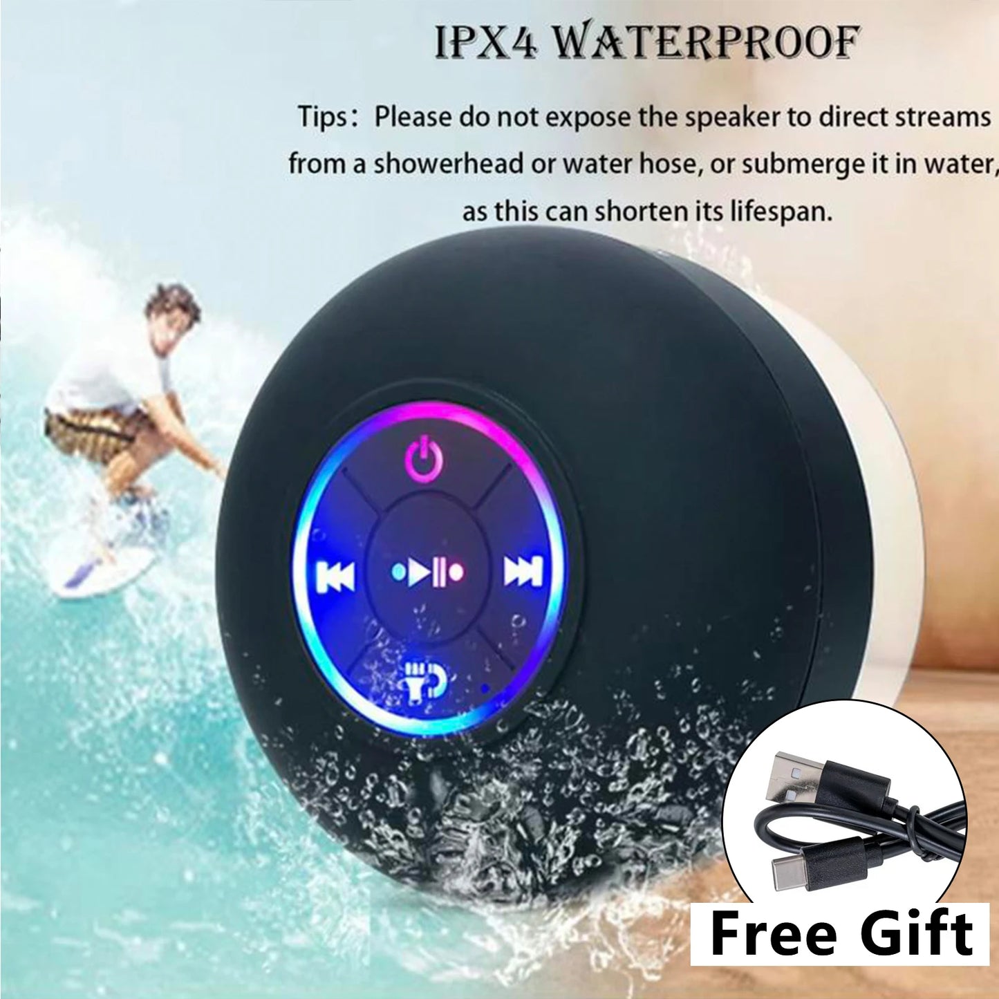 Enhance the happiness of bathing! Waterproof RGB Light Speaker,  Mini Portable Wireless Speaker, Rechargeable Waterproof Speaker