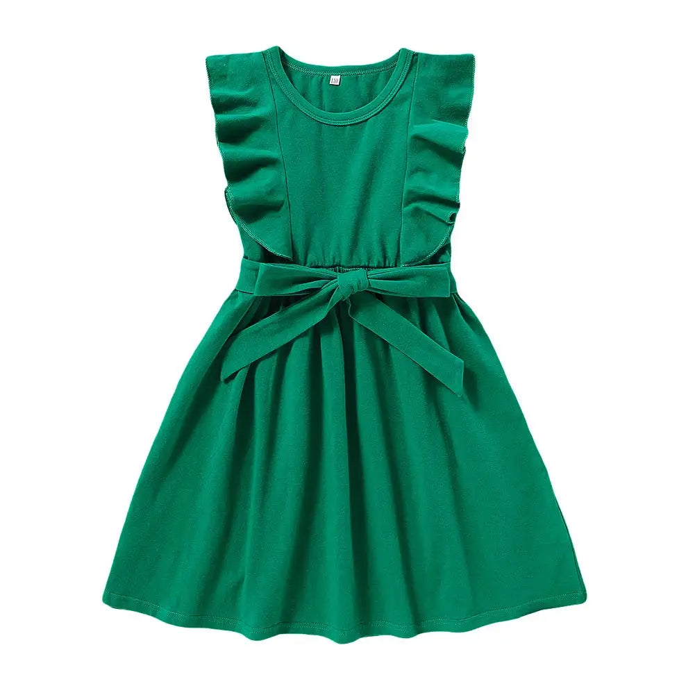 Baby Girls Summer Ruffle Sleeve Cotton Dress Swing Casual Girl Sundress with Belt for 4-8 Years Girls Colorful
