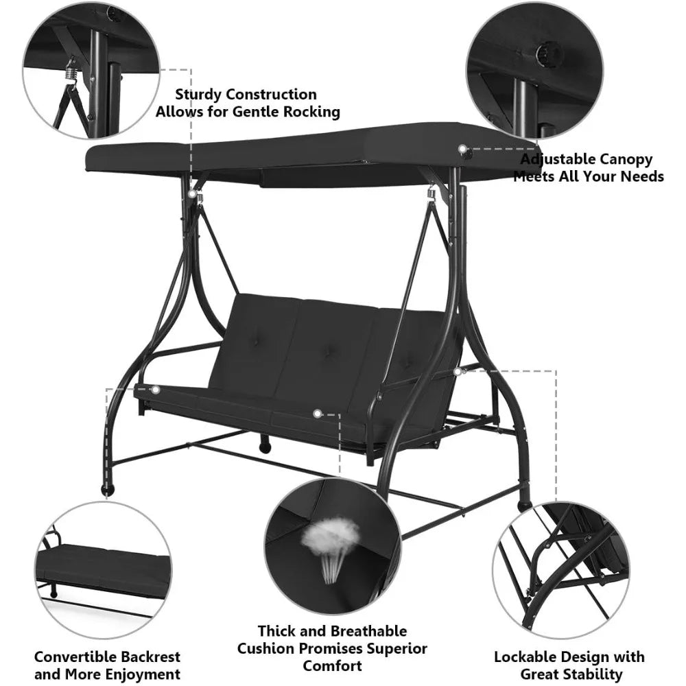 Garden Swing Chair, 3 Seater with Adjustable Canopy and Cushions, Steel Frame Porch Patio Swing Seat Lounger, Patio Swing Bench