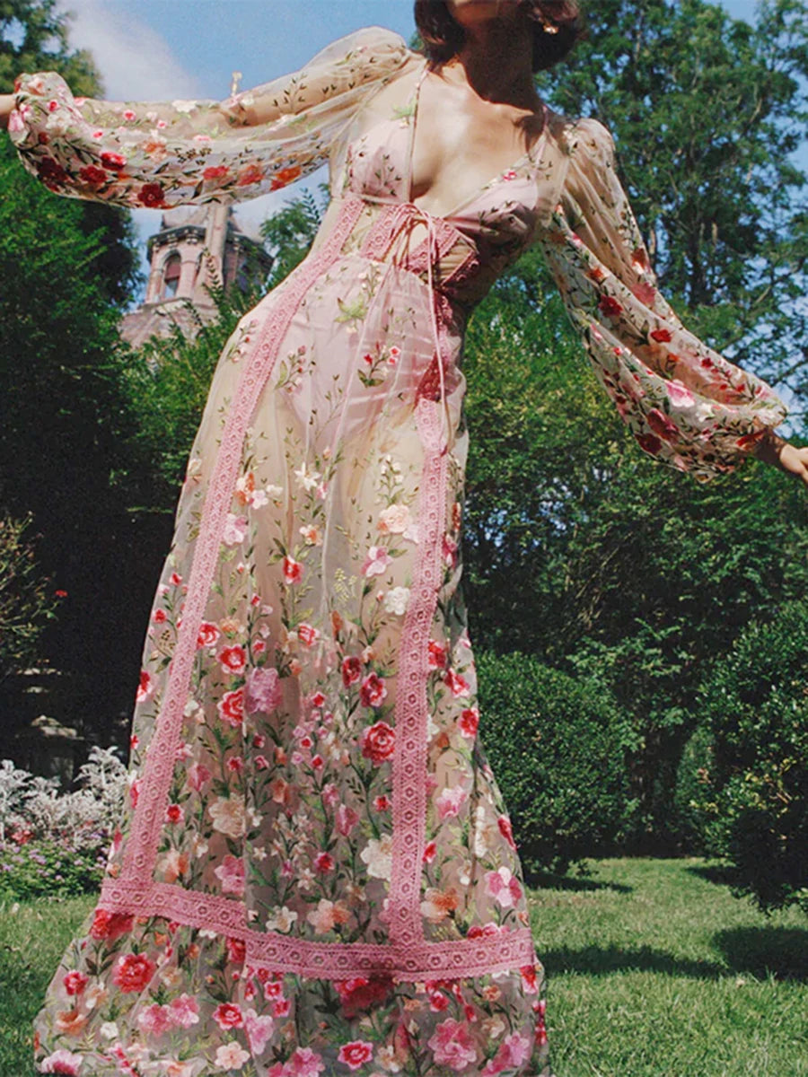 Women s Summer Long Beach Dress Long Sleeve V Neck Backless Floral Bikini Cover Up