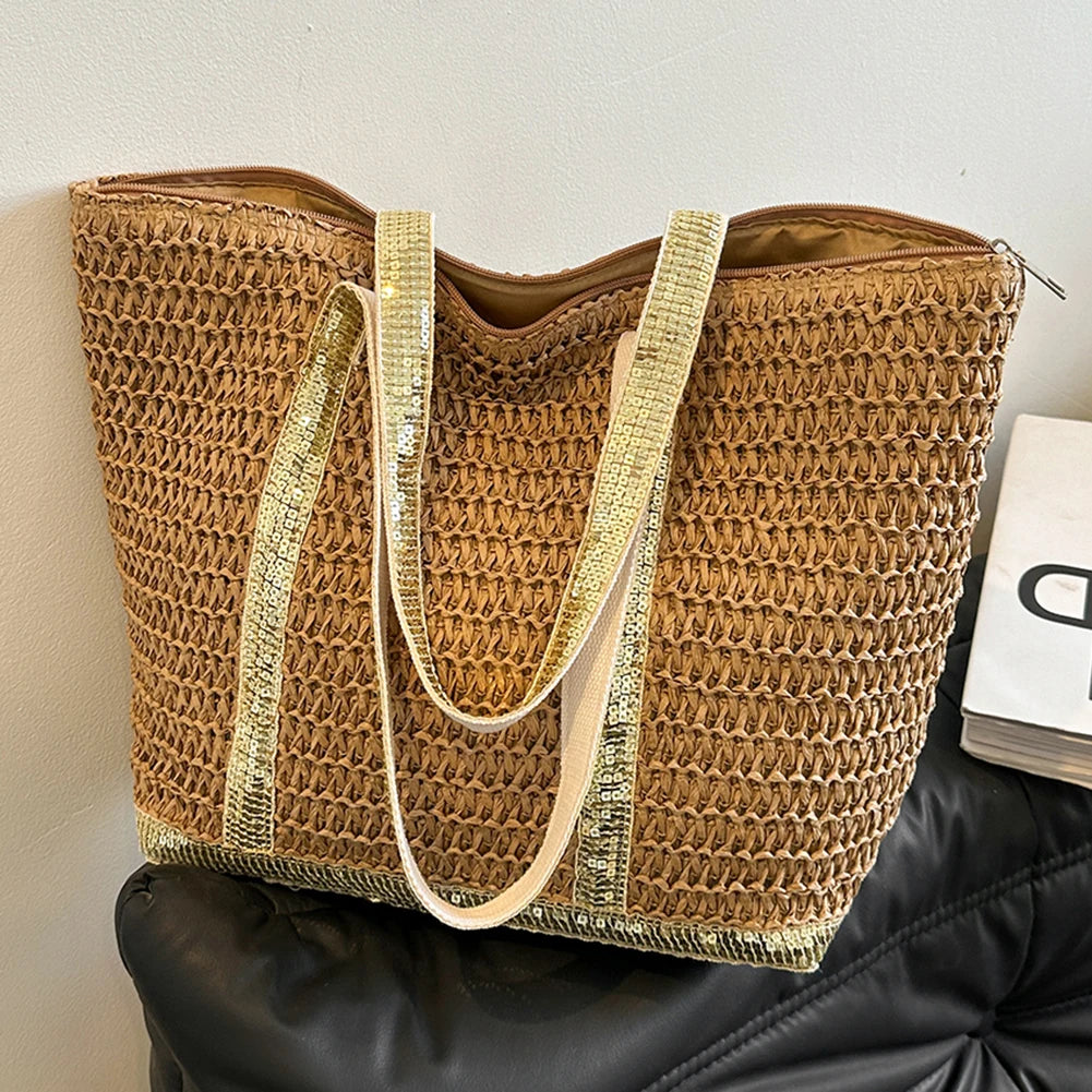 Women Straw Tote Handbag Large Capacity Sequins Simple Shoulder Bag Contrast Color Minimalist Tote Bag Ladies Summer Daily Bag