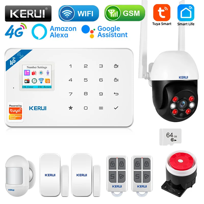 KERUI 4G/2G Smart Home Security Alarm System with Door Sensor Motion Detector Siren Tuya Smart WIFI GSM Burglar Alarm Kit