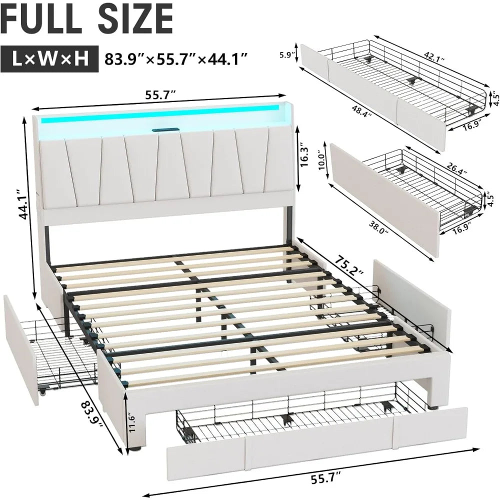 Full Size Bed Frame with Storage Headboard and 3 Drawers,Upholstered Platform Bed with Charging Station