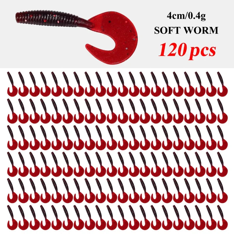 120Pcs New Soft Bait 4cm0.4g Fishing Lures Plastic Silicone Worm Moggot Grub Lure Saltwater Wobblers Carp Swimbait for Pike Tool