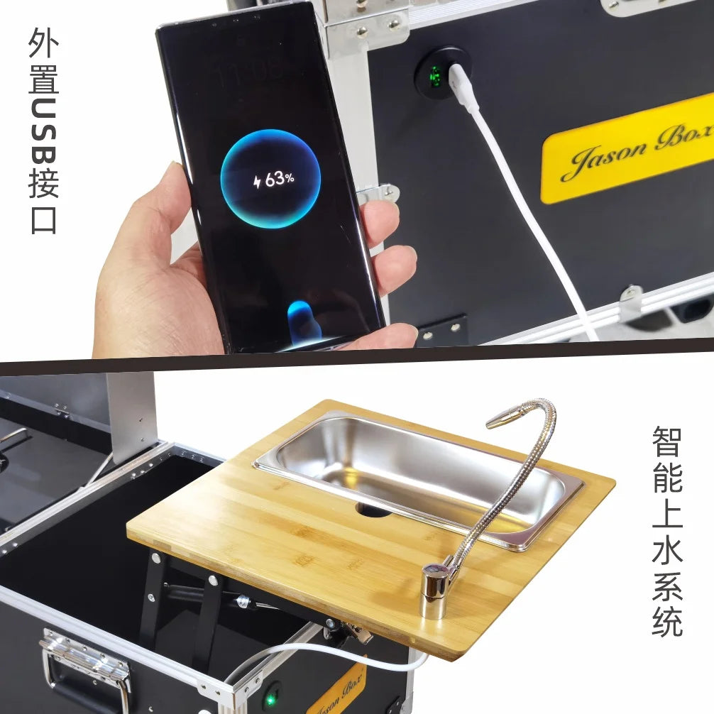 Outdoor mobile kitchen, car mounted multifunctional small kitchen box, camping picnic stove, barbecue folding table with wheels
