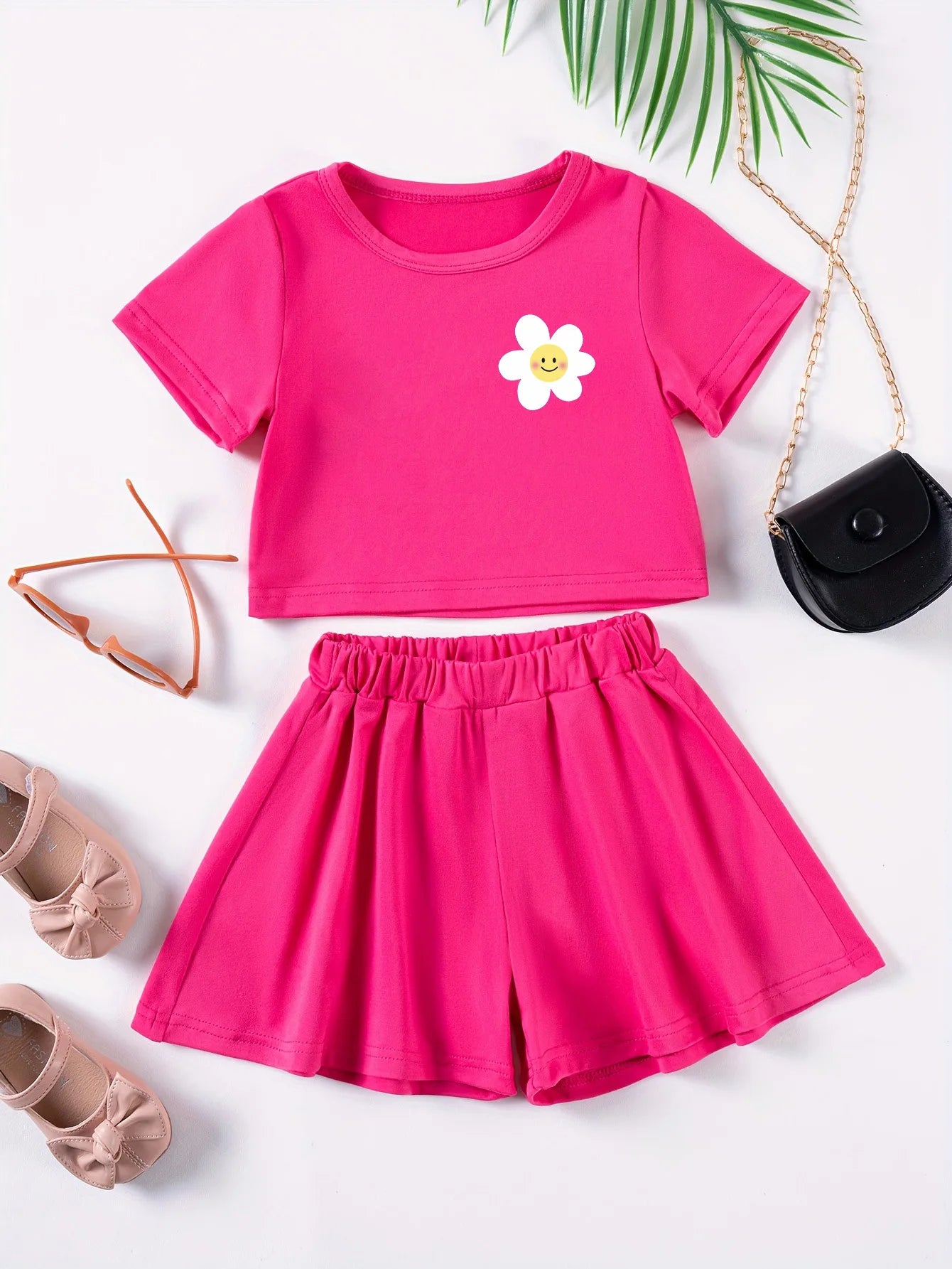 2025 Baby Girl 2pcs Kids Summer Casual Cute Flower Printed Short Sleeve Shorts Set Sweet Solid Color Versatile