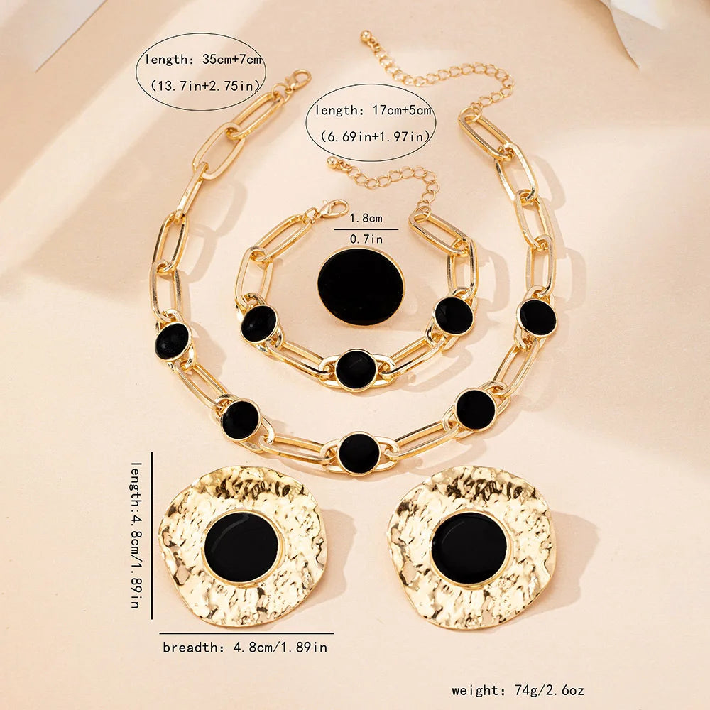 4 PCS Jewelry Set Big Black Disc Round Chain Resin Charm Choker Necklace Bracelet Gold Color Metal Earring Ring Statement Gifts