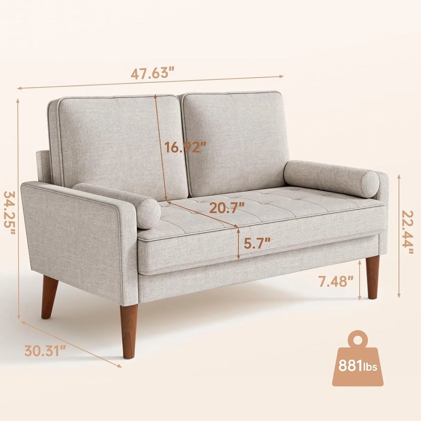Loveseat Sofa, 48 Inch Small Sofa Couch for Bedroom and Living Room, Removable Sofa Cover Spring Cushions and Solid Wood Frame
