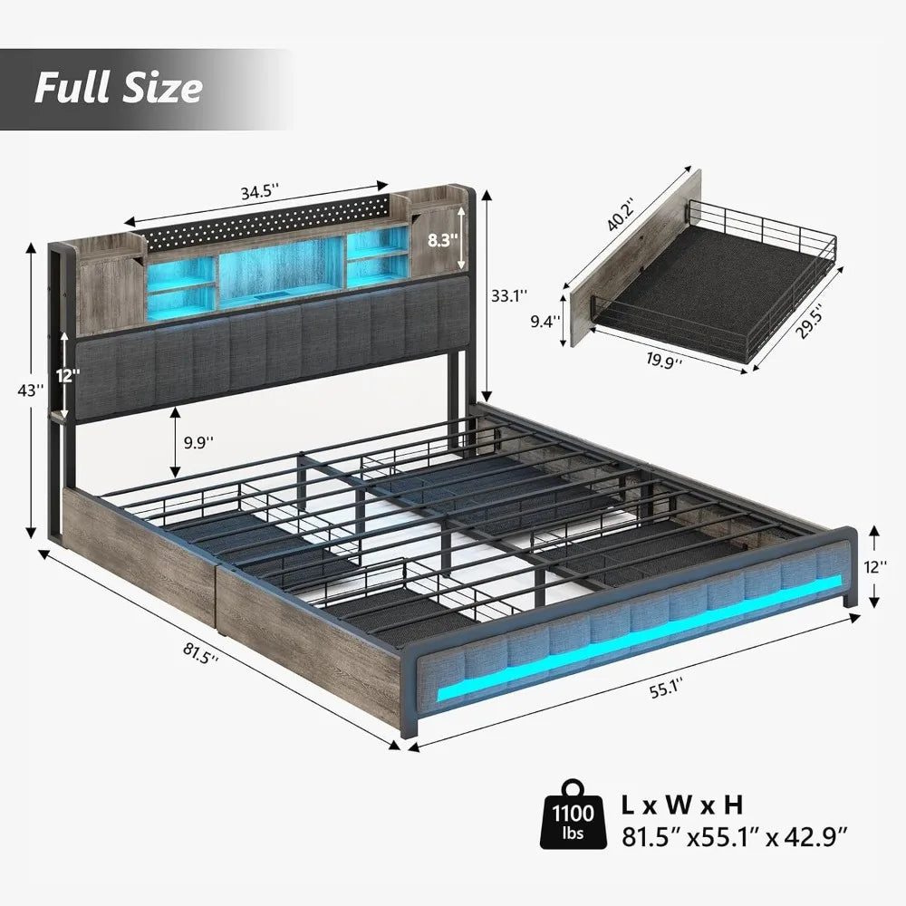 Full Bed Frame with 4 Storage Drawers and Bookcase Headboard, USB Charging Station & LED Lights, Upholstered Bed Full Size