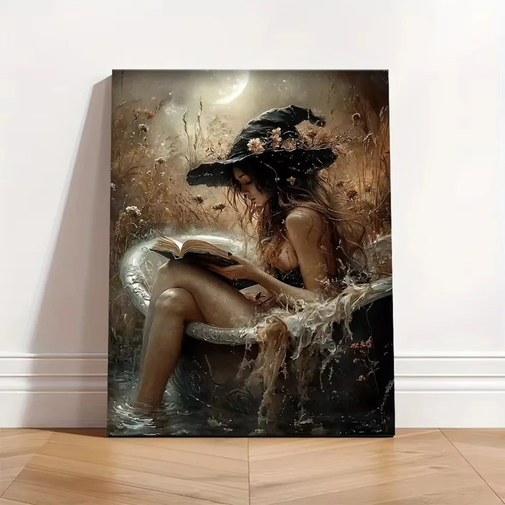 "Witch in Bathtub Canvas Mural: Dark Academia Witchy Decor – Perfect for Bathrooms | Ideal Halloween Gift"