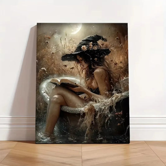 "Witch in Bathtub Canvas Mural: Dark Academia Witchy Decor – Perfect for Bathrooms | Ideal Halloween Gift"