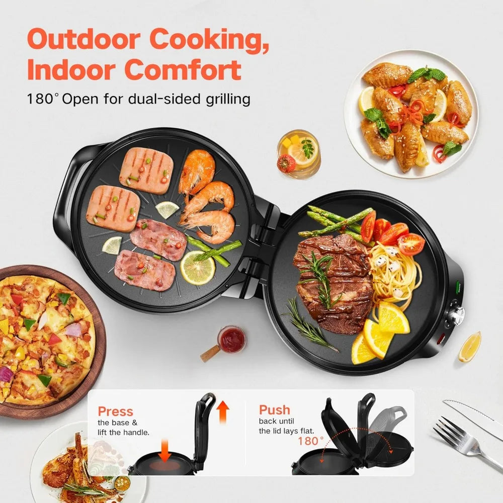 12-Inch Pizza Maker & Electric Griddle Nonstick -Countertop Pizza Oven with 30-Min Timer & Auto Shut-Off, 180° Open Indoor