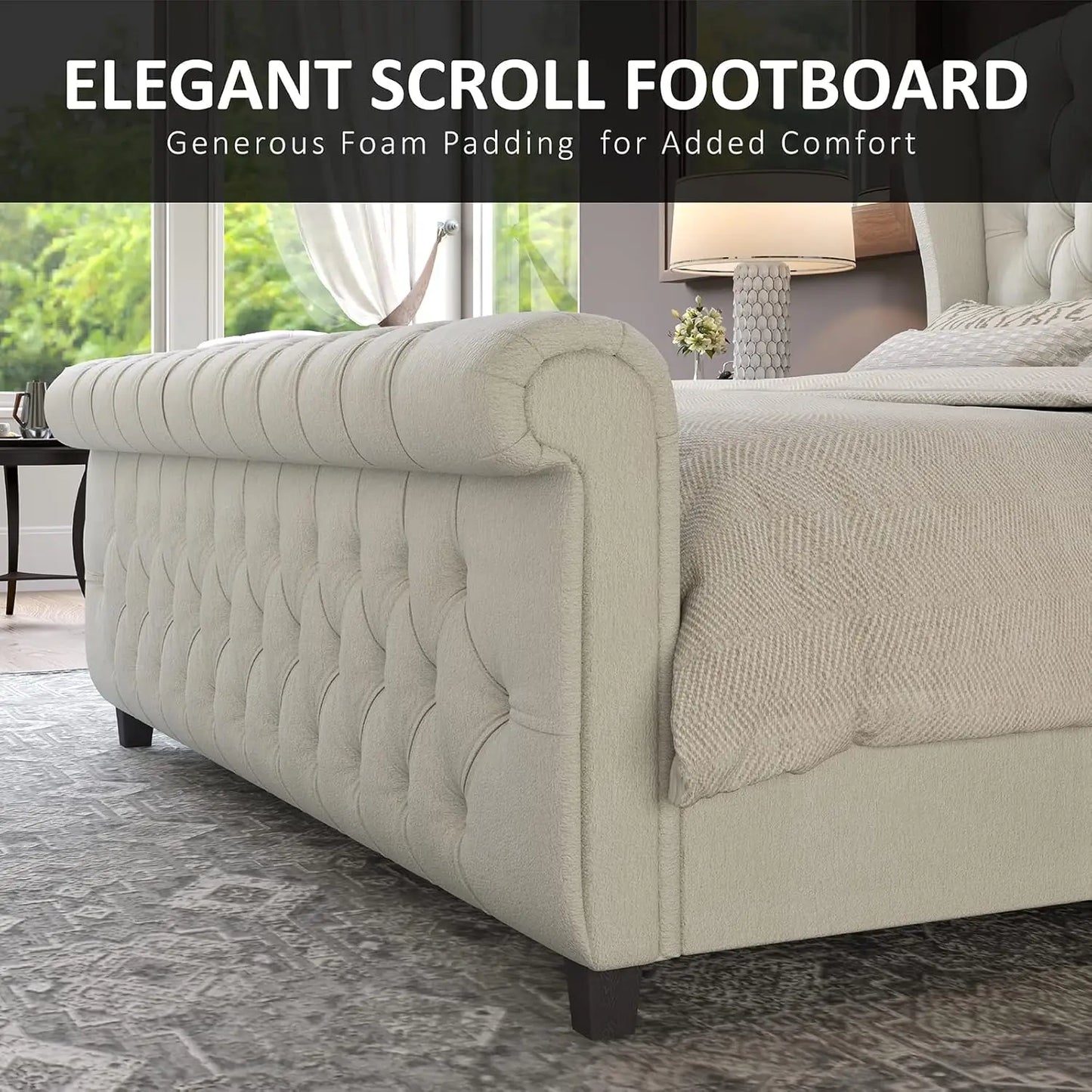 AMERLIFE Queen Size Platform Bed Frame, Chenille Upholstered Sleigh Bed with Wingback Headboard, No Box Spring, Cream