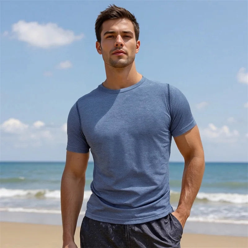 Men s Reversible Round Neck Short Sleeve T-Shirts with Stitching Detail - Casual  Fit Tops for Summer Fashion