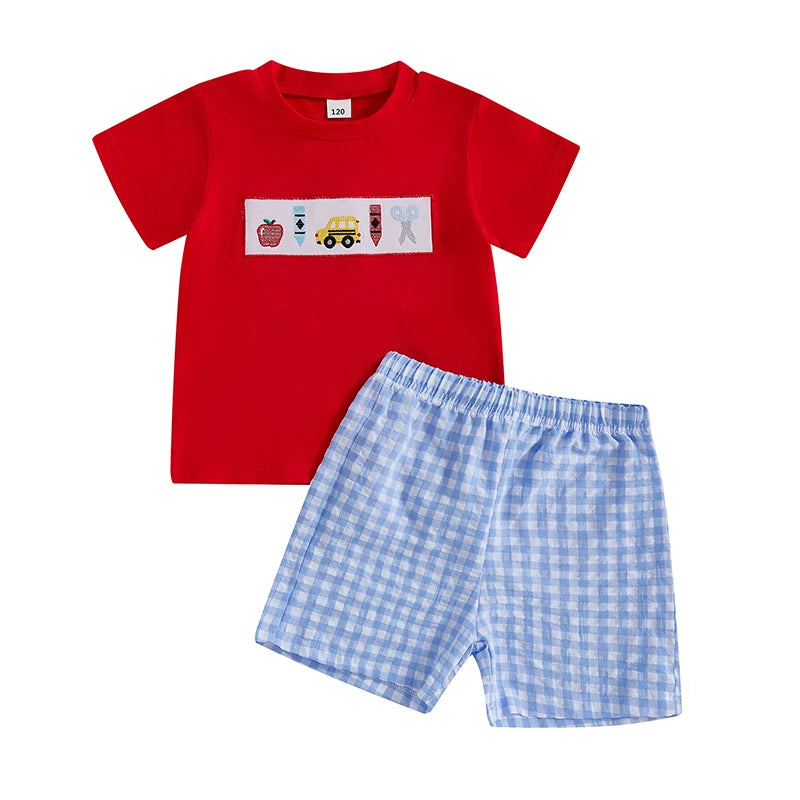 Boys Summer Outfit Set with Short Sleeve O Neck Embroidered Top and Plaid Shorts for a Stylish Look