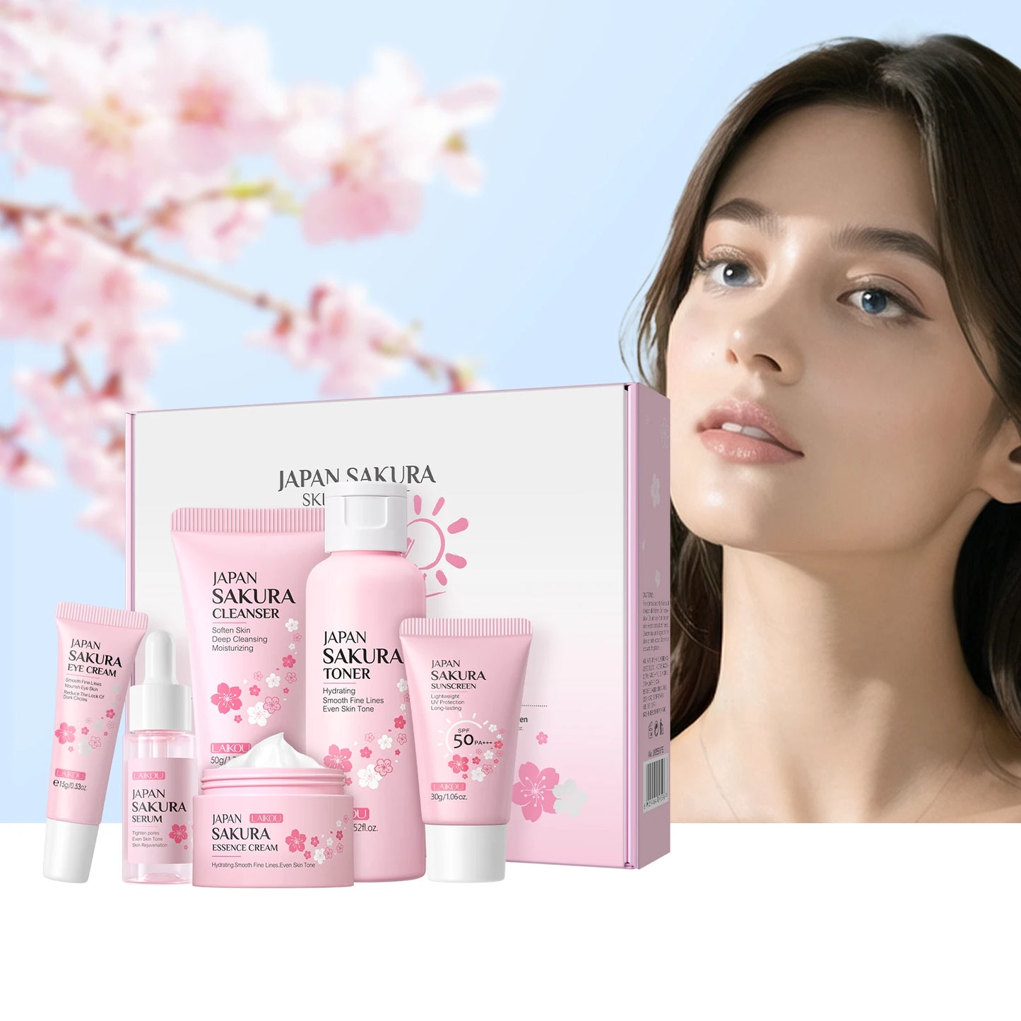 LAIKOU Japan Sakura Skincare Set 6pcs SPF Day Routine Hydrating Anti-Aging Brightening Sun Defense