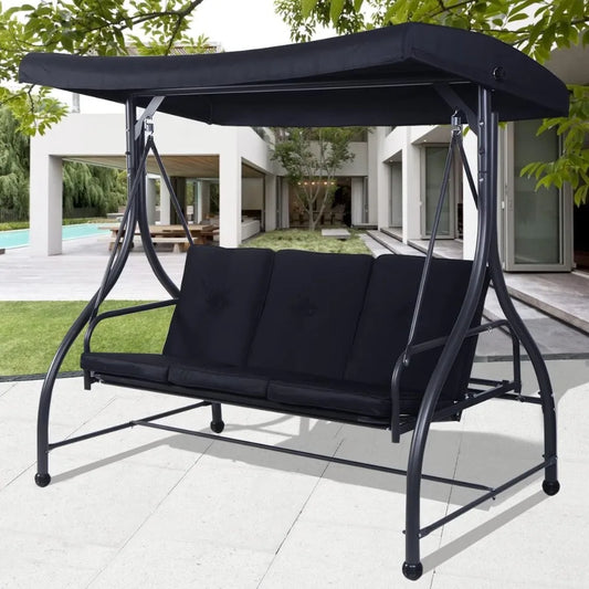 Garden Swing Chair, 3 Seater with Adjustable Canopy and Cushions, Steel Frame Porch Patio Swing Seat Lounger, Patio Swing Bench