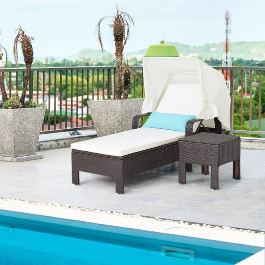 Rattan Sun Lounger with Side Table, 6-Level Adjustable Garden Daybed Chaise Lounge Chair, Outdoor Reclining Chair Wicker Sun Bed
