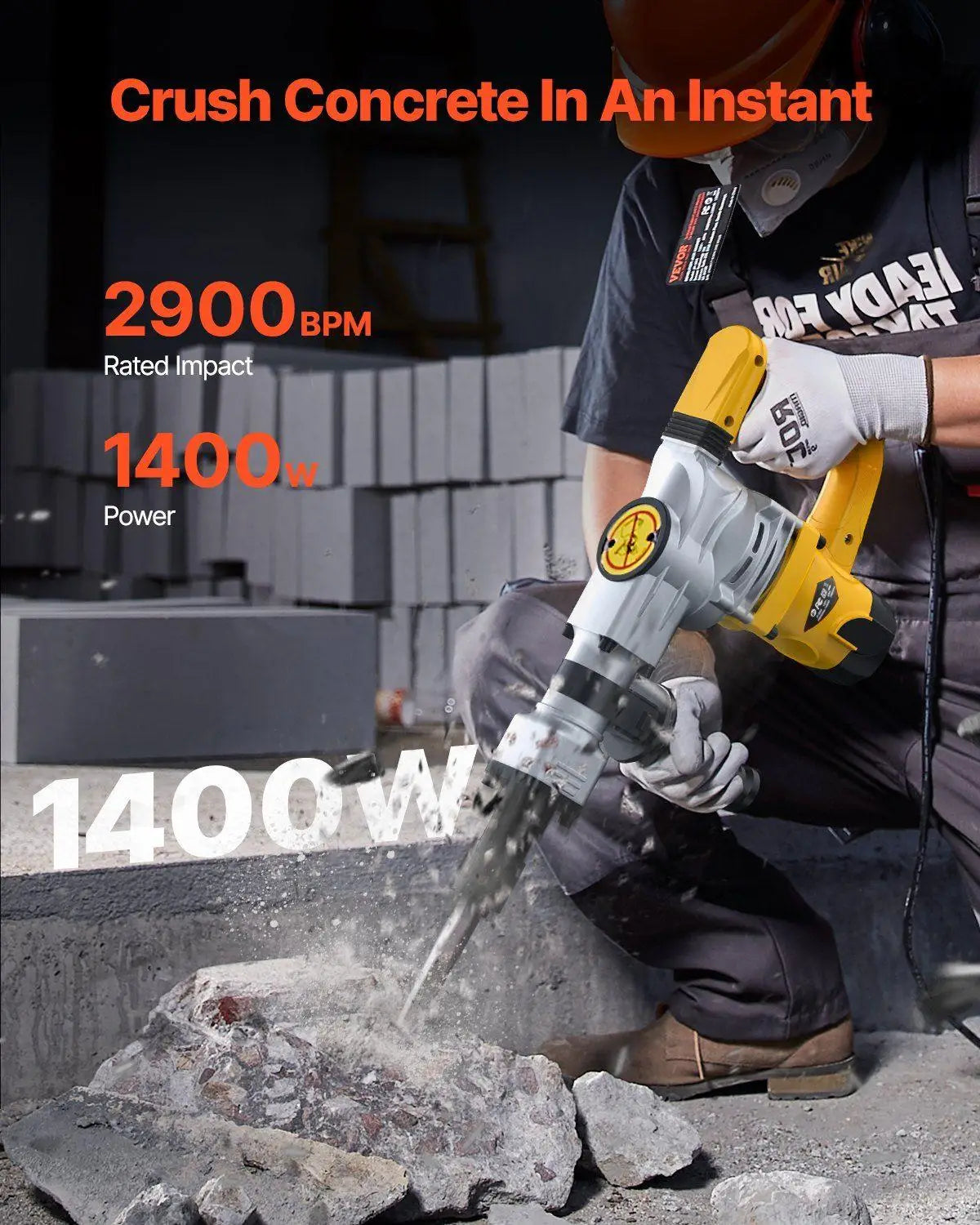 Robust 1400W Electric Jack Hammer Demolition Breaker 19J 2900BPM Twin Chisels Shock Absorbent 360° Handle