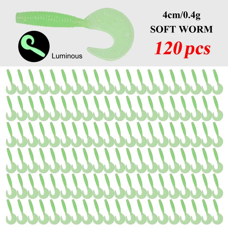 120Pcs New Soft Bait 4cm0.4g Fishing Lures Plastic Silicone Worm Moggot Grub Lure Saltwater Wobblers Carp Swimbait for Pike Tool