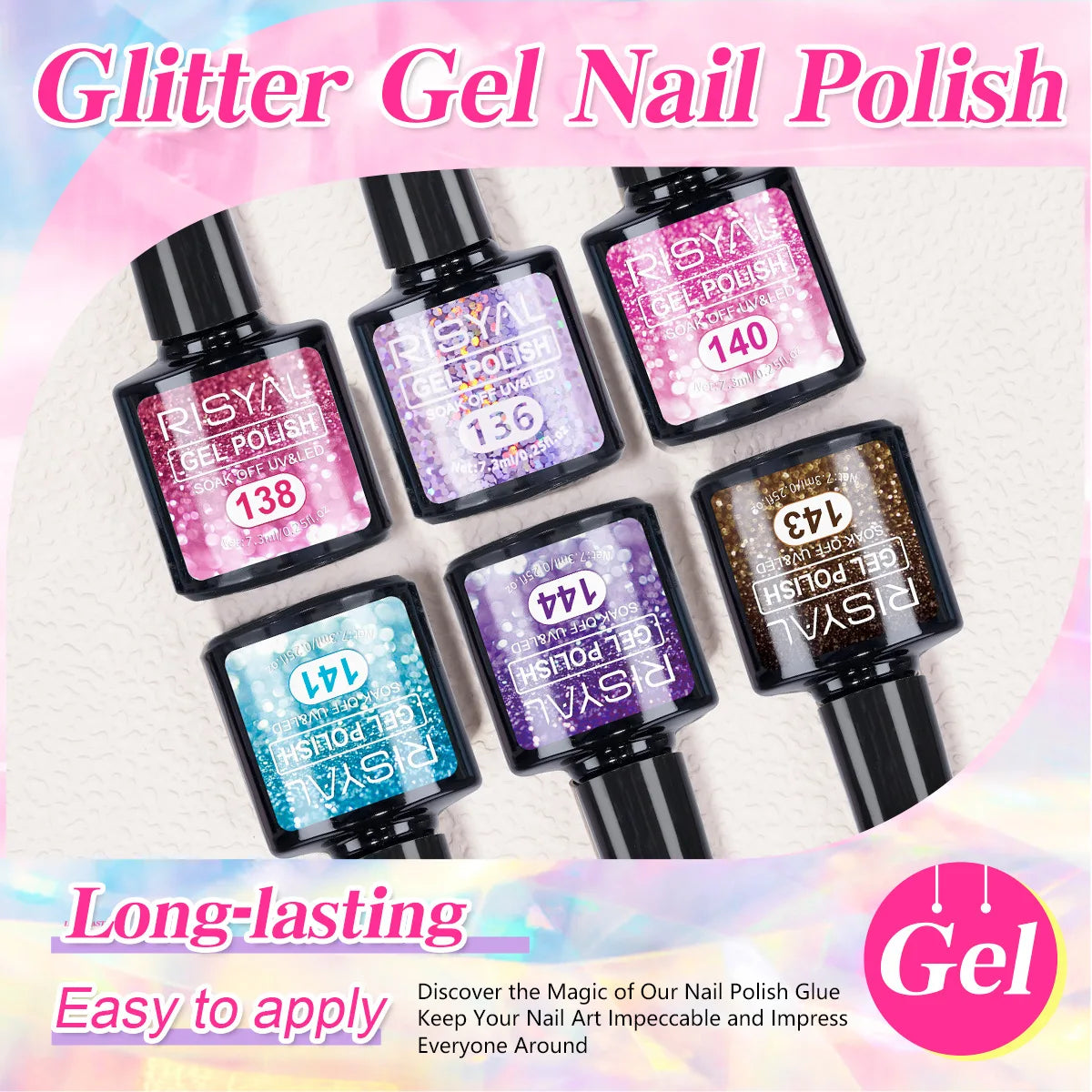 Glitter Sequins Gel Nail Polish Sparkly Shiny Pink Yellow Blue Green Gel Nail Polish Set Soak Off U V Nail Gel Nail Art Manicure