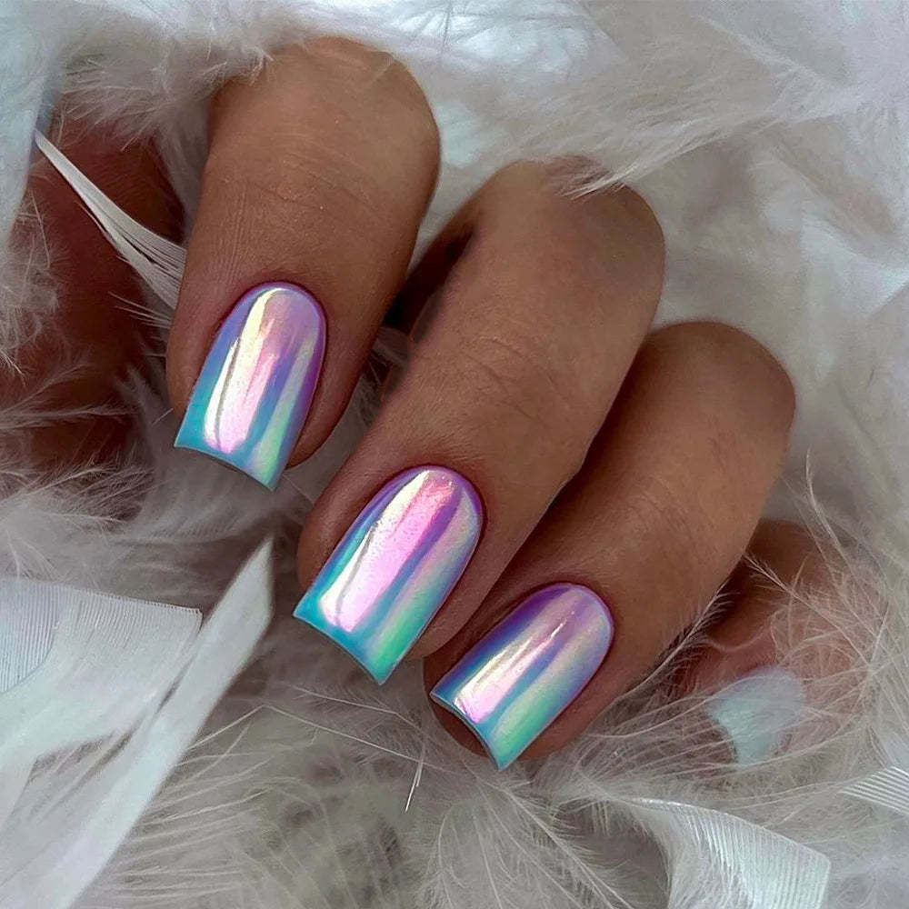 24pcs Aurora White French Press on Nails Short Sqaure Chrome Fake Nails with Glue Metallic Designs Artificial False Nail Tips