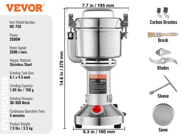 VEVOR 150-2500g Electric Grain Mill Grinder Commercial Swing Spice Grinders for Dry Herbs Grains Spices Cereals Coffee Corn
