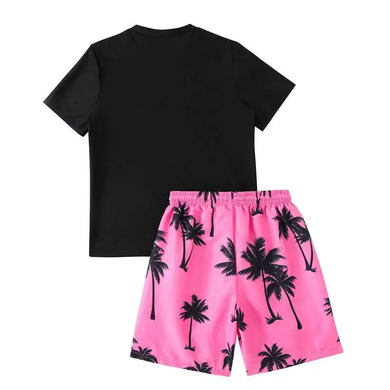 Children Sports Suits Summer Short Sleeve Beach Clothing Set Boy Printing Breathable Kids Short Sleeve Top +Beach Pants