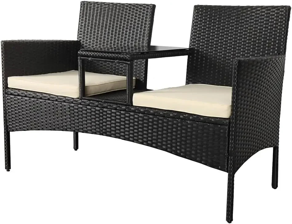 2 Seater Bench with Grey Cushions, Built-In Centre Glass Table Wicker Garden Furniture for Outdoor Balcony Poolside Bistro