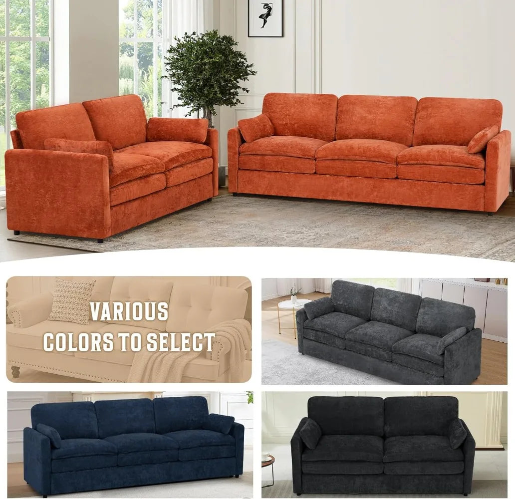 Modern 3 Seater  Sofa with Upholstered Cushions, 2 Pieces  Couch with Soft and Thickened Seats for Living Room, Office, Orange