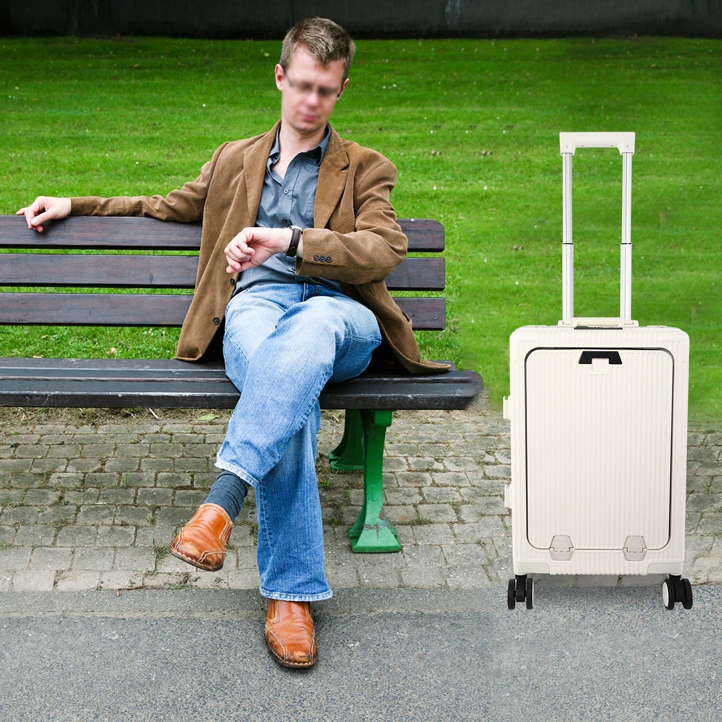 20" Front Open Boarding Suitcase Multifunctional Universal Wheel Suitcase Boarding box Rolling Luggage Bag with Cup holder