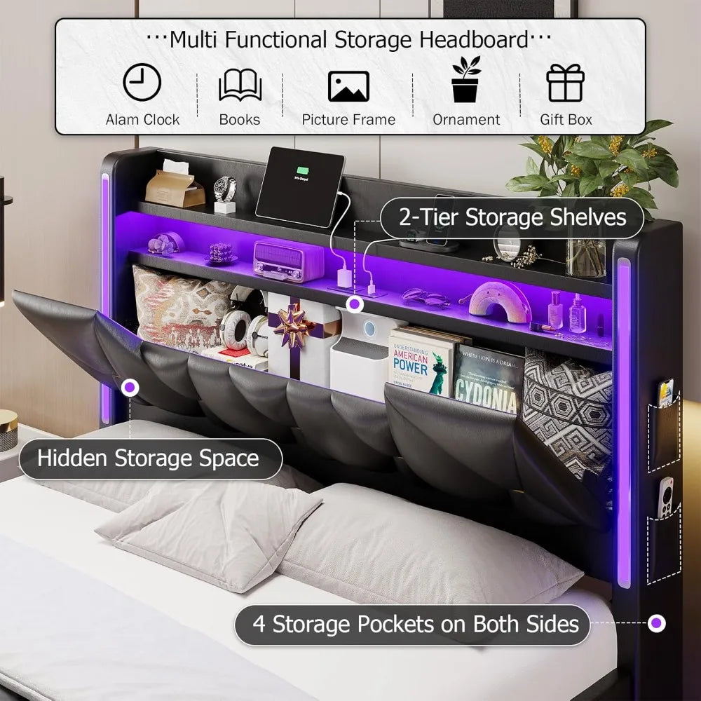 Charging Station Including 2 Sockets,Queen Size bed Frame with 2-Tier Storage Shelves,No Box Spring Needed,PU leather