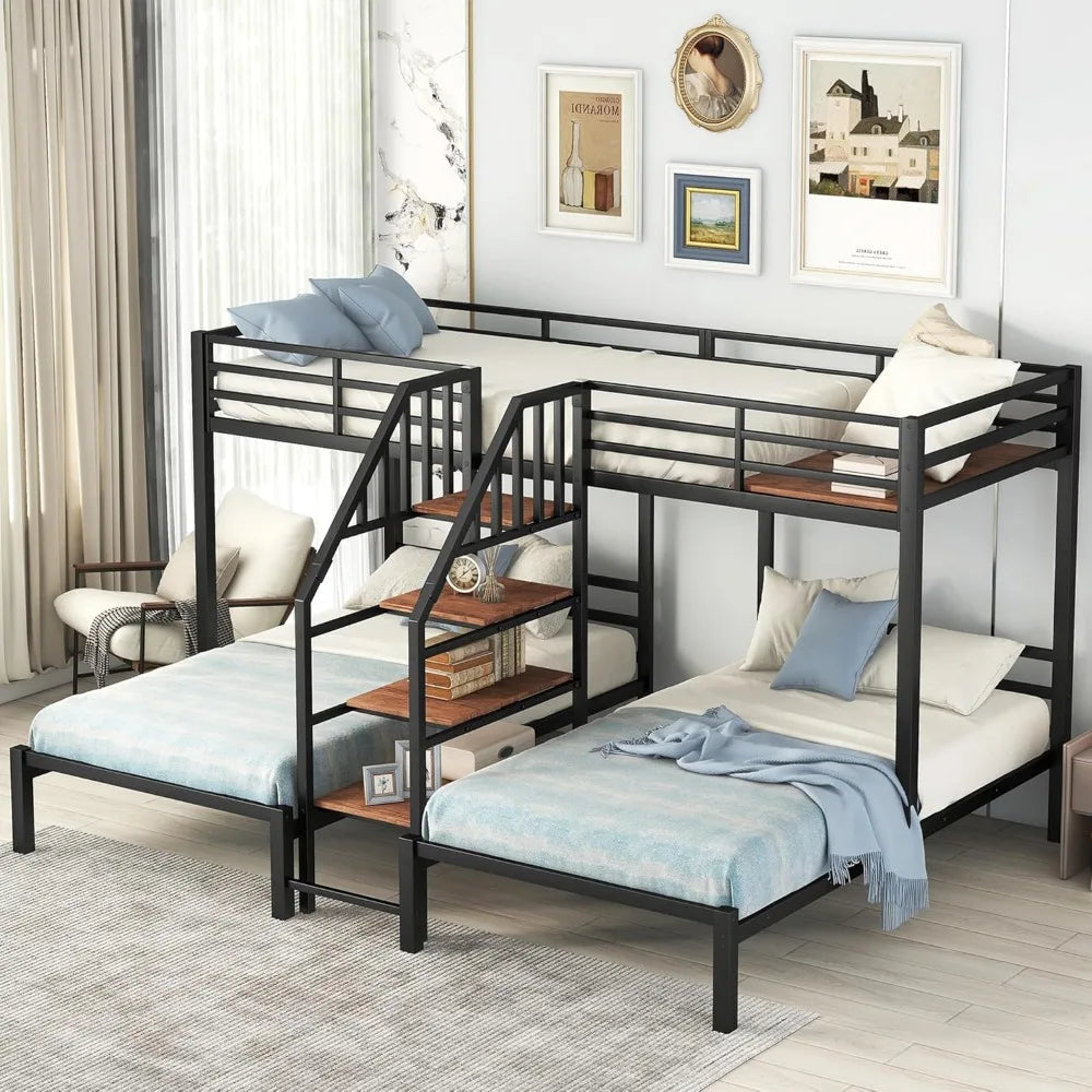 Harper & Bright Designs Metal Triple Bunk Bed with Stairs, 3 Beds Bunk Bed & Twin Over Twin Bunk Bed with Storage Shelves Stairc