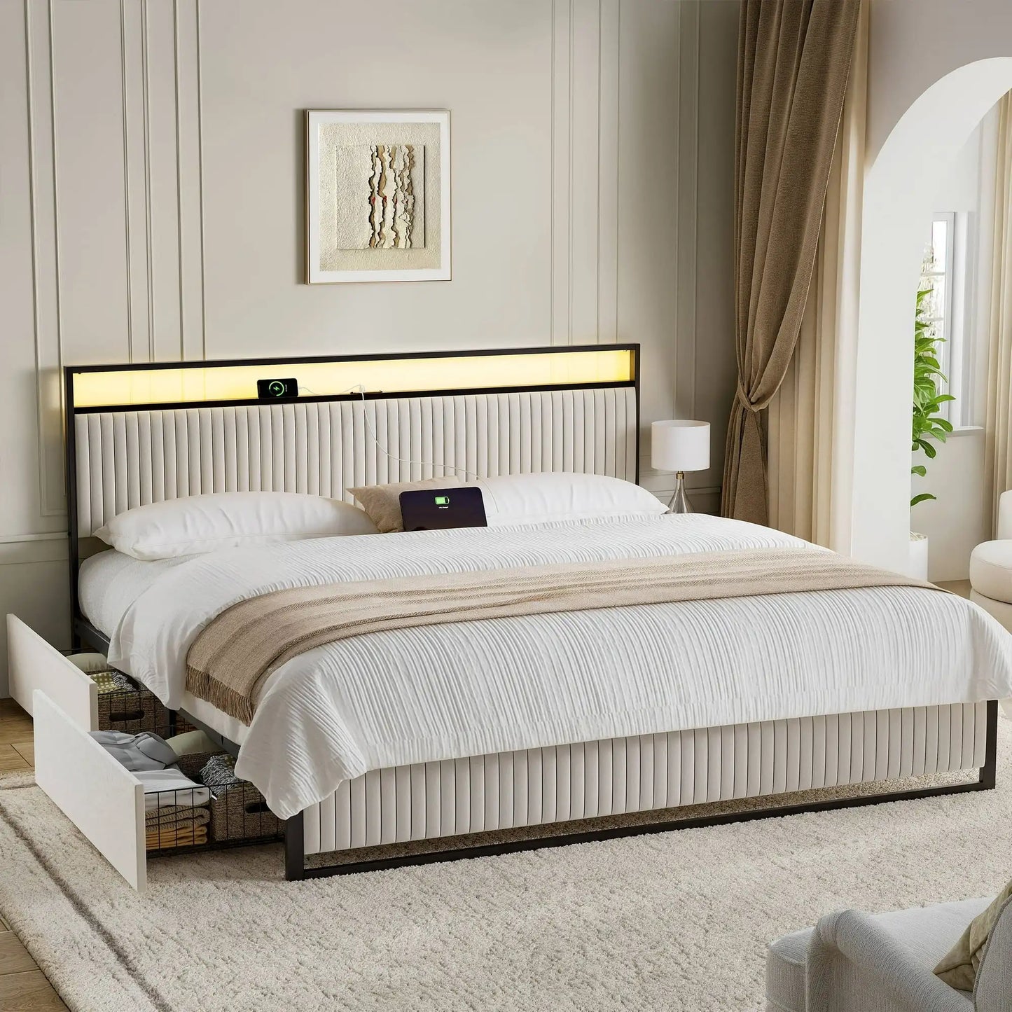 Bed Frame with Headboard, Platform Bed with 2 Drawers, Velvet Upholstered Bed Frame with LED Lights & Charging Station, Beds