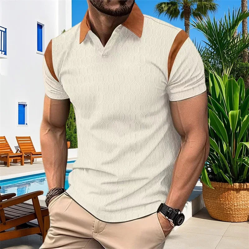 Men s Short Sleeve T-Shirts with Jacquard Patchwork Design and Turn Down Collar for Casual Summer Fashion  Fit