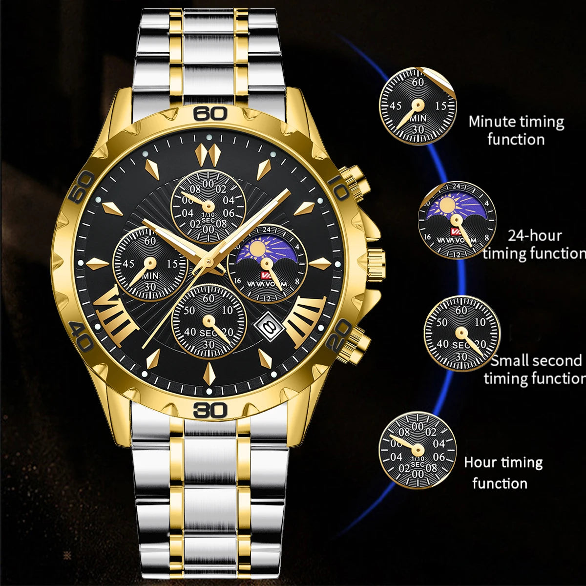 VA VA VOOM Top Brand Luxury Watch for Man Quartz Sports Men Watch Waterproof Luminous Stainless Steel Chronograph Men Wristwatch