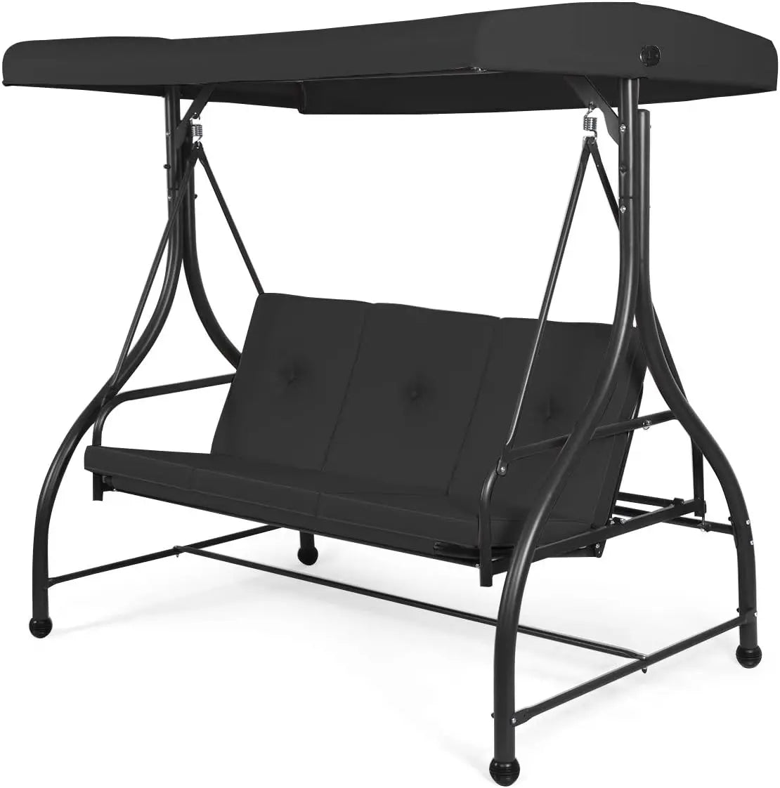Garden Swing Chair, 3 Seater with Adjustable Canopy and Cushions, Steel Frame Porch Patio Swing Seat Lounger, Patio Swing Bench