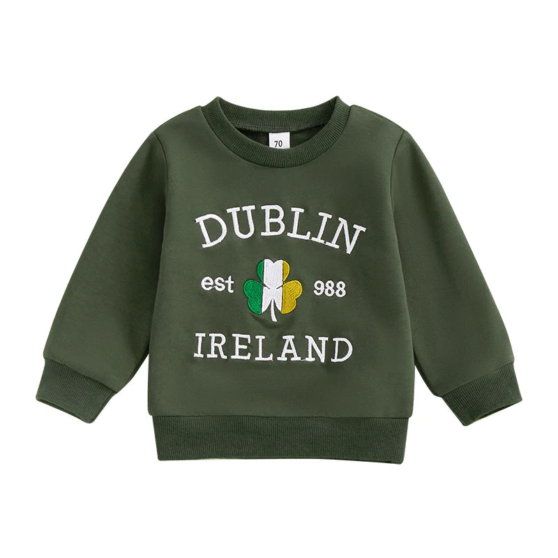 Children s Hooded Sweatshirt Embroidered Shamrock Long Sleeve Pullover with Crew Neck for Boys and Girls Casual Winter