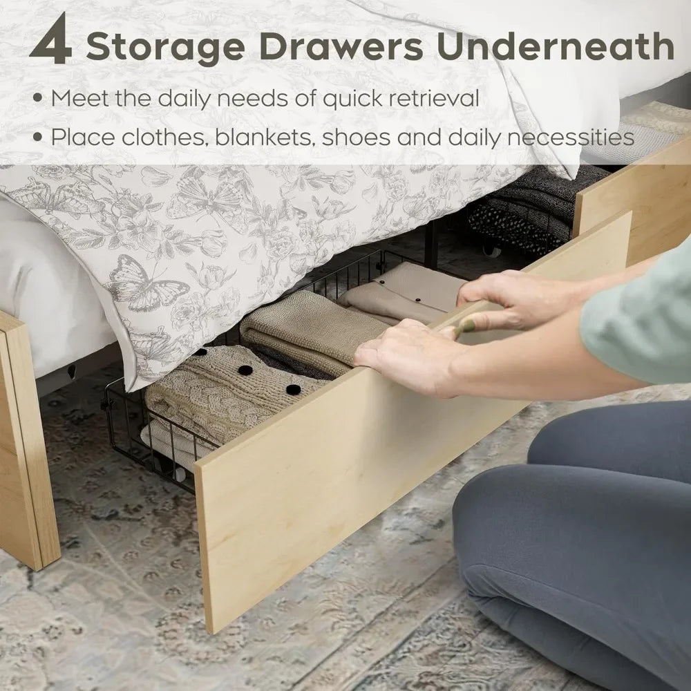 Queen Bed Frame with Natural Rattan Headboard and Wooden 4 Storage Drawers, Metal Platform with Strong Wooden Slats Suppo