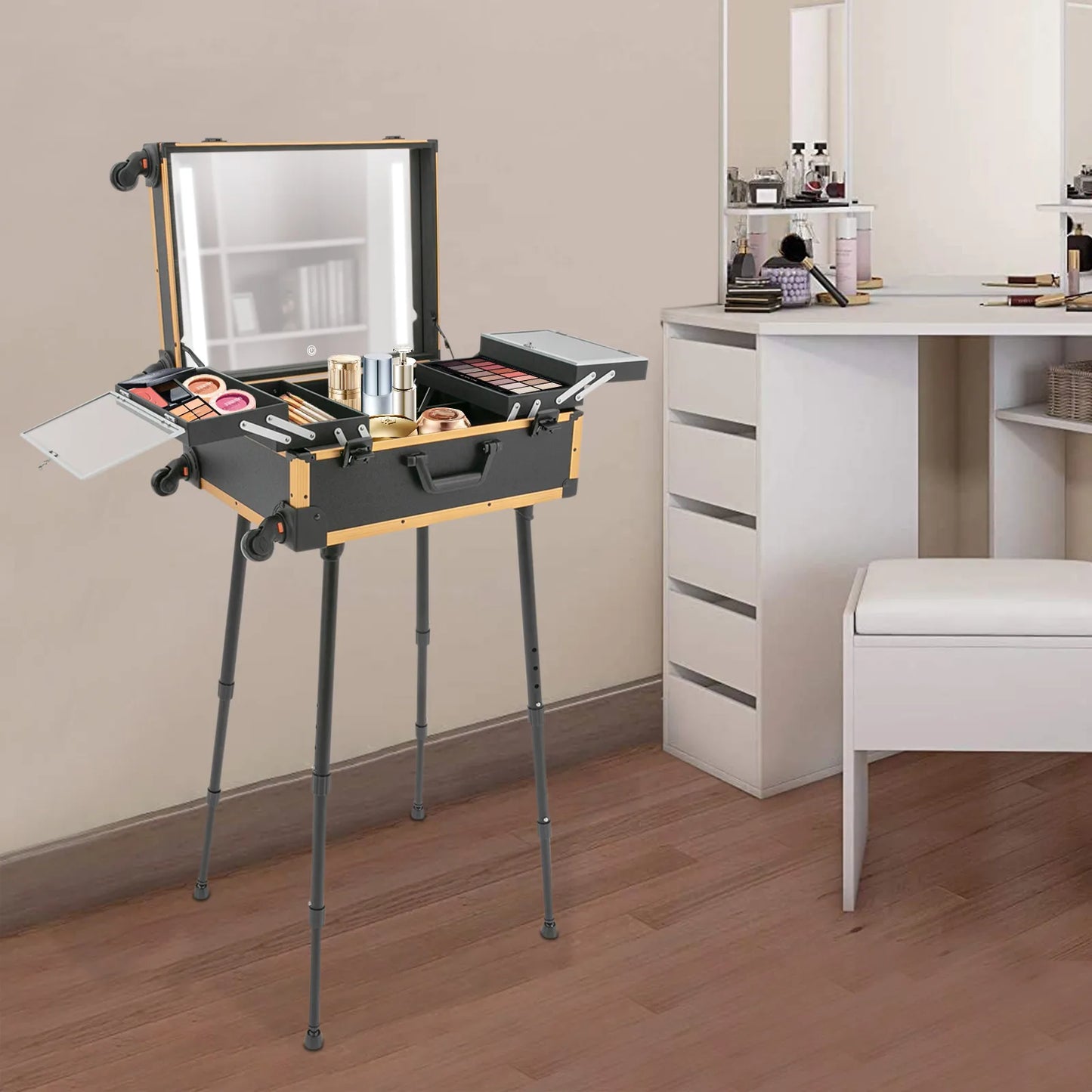 Rolling Makeup Train Case Professional Trolley Makeup Organizer Professional Cosmetology Case On Wheels Portable Makeup Station