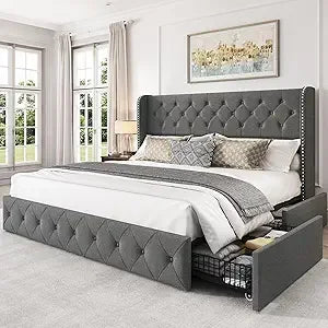 King Size Bed Frame with 4 Storage Drawers and Wingback Headboard Velvet Upholstered Platform Bed Frame Tufted Beds with Wooden