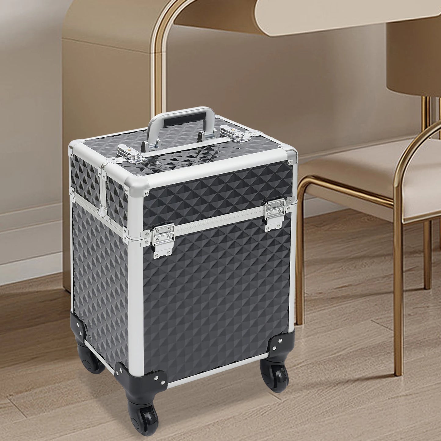 Professional Rolling Makeup Case - Black, Multi-Functional with High Load Capacity