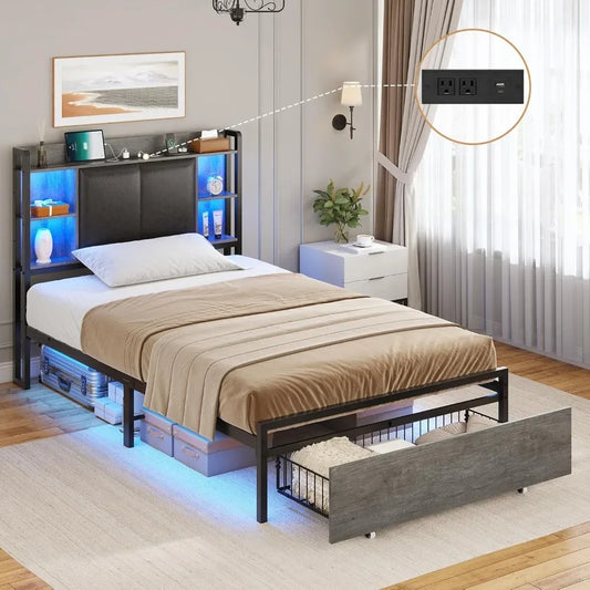 Twin Bed Frames with Headboard and 2 Storage Drawers, Twin Bed Frame with Charging Station and Led Lights