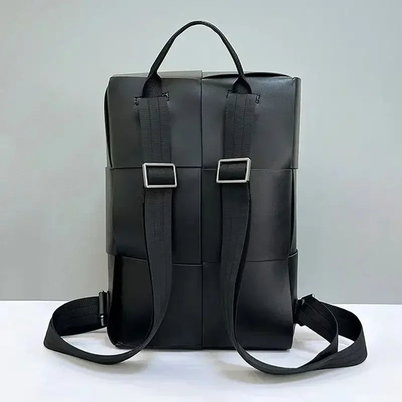 Genuine Leather Men Woven Backpacks Real Natural Leather Student Backpack Boy Luxury Weave Computer Laptop Bag