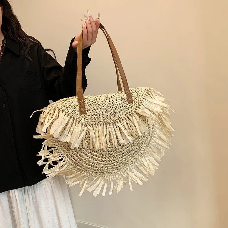 Women Stylish Knit Shoulder Bag Wear Resist Hand Woven Beach Bag Semicircle Underarm Bag Female Travel Commute Shoulder Bag